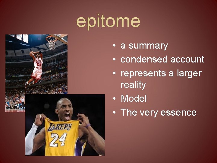 epitome • a summary • condensed account • represents a larger reality • Model