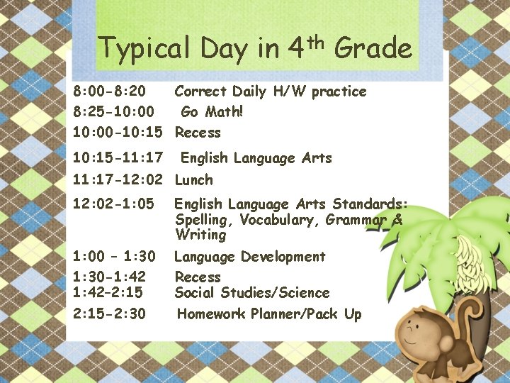 Typical Day in 4 th Grade 8: 00 -8: 20 Correct Daily H/W practice