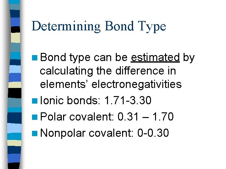 Determining Bond Type n Bond type can be estimated by calculating the difference in