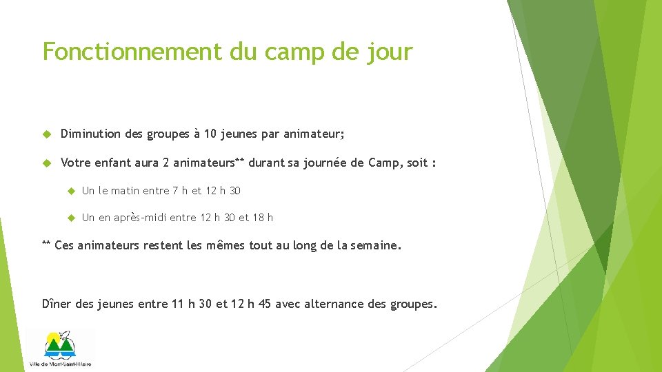 Fonctionnement du camp de jour Diminution des groupes à 10 jeunes par animateur; Votre