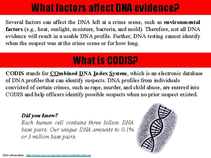 What factors affect DNA evidence? Several factors can affect the DNA left at a
