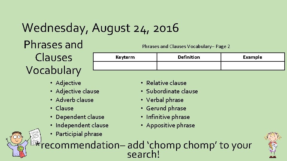 Wednesday, August 24, 2016 Phrases and Clauses Vocabulary • • Adjective clause Adverb clause