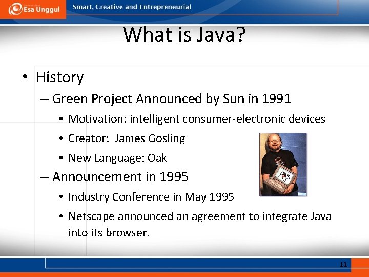 What is Java? • History – Green Project Announced by Sun in 1991 •