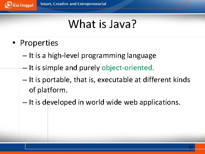 What is Java? • Properties – It is a high-level programming language – It
