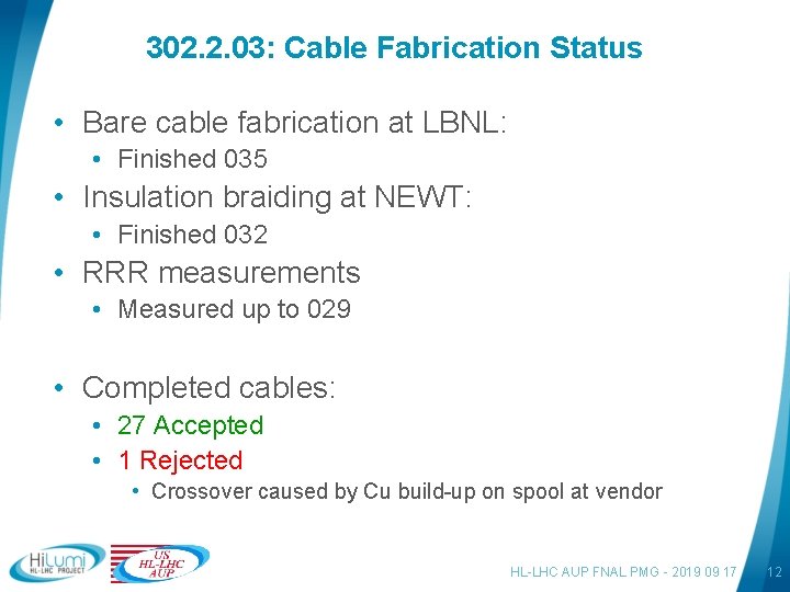 302. 2. 03: Cable Fabrication Status • Bare cable fabrication at LBNL: • Finished