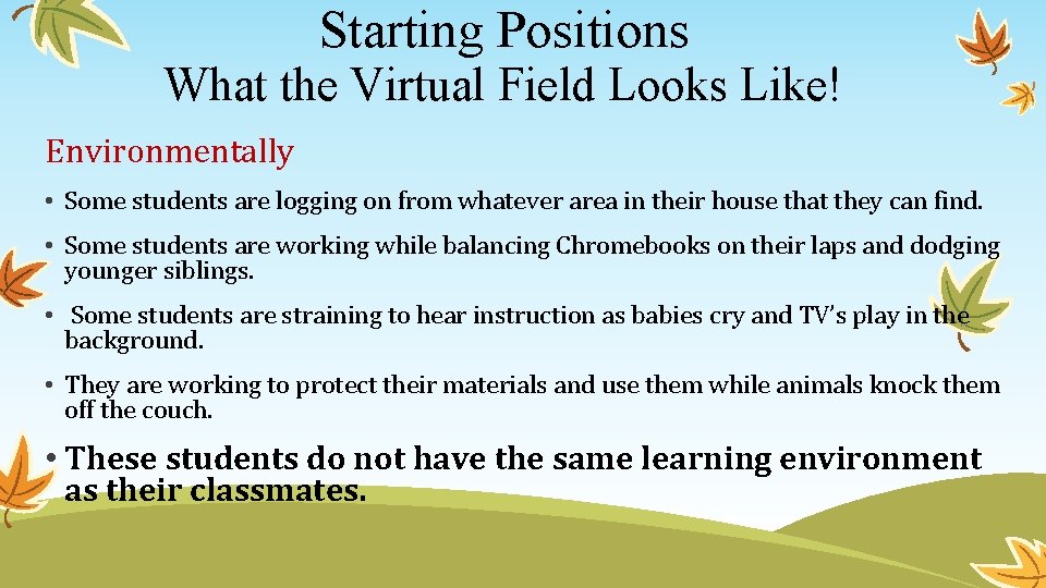 Starting Positions What the Virtual Field Looks Like! Environmentally • Some students are logging