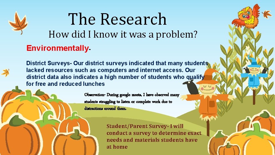 The Research How did I know it was a problem? Environmentally. District Surveys- Our