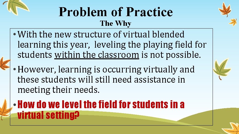 Problem of Practice The Why • With the new structure of virtual blended learning