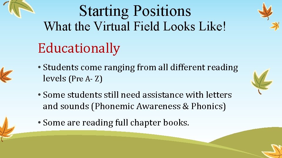 Starting Positions What the Virtual Field Looks Like! Educationally • Students come ranging from