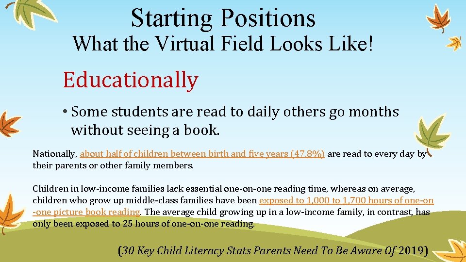 Starting Positions What the Virtual Field Looks Like! Educationally • Some students are read