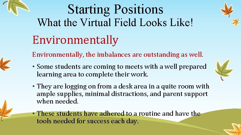 Starting Positions What the Virtual Field Looks Like! Environmentally, the imbalances are outstanding as