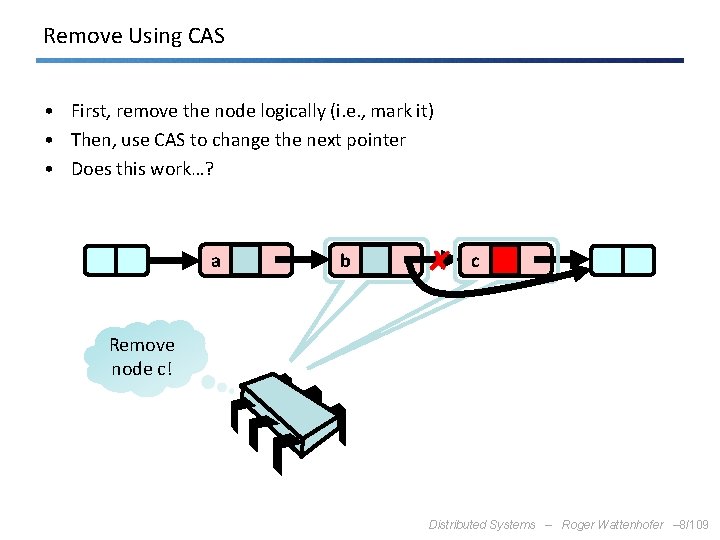 Remove Using CAS • First, remove the node logically (i. e. , mark it)