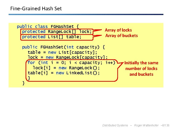 Fine-Grained Hash Set public class FGHash. Set { protected Range. Lock[] lock; protected List[]