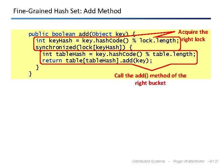 Fine-Grained Hash Set: Add Method Acquire the public boolean add(Object key) { int key.