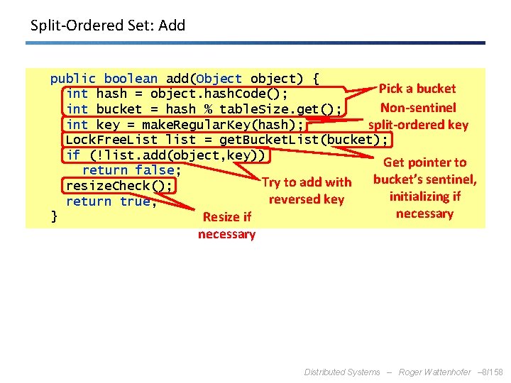 Split-Ordered Set: Add public boolean add(Object object) { Pick a bucket int hash =