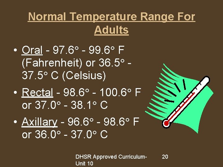 Normal Temperature Range For Adults • Oral - 97. 6 - 99. 6 F
