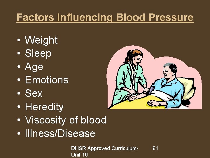 Factors Influencing Blood Pressure • • Weight Sleep Age Emotions Sex Heredity Viscosity of