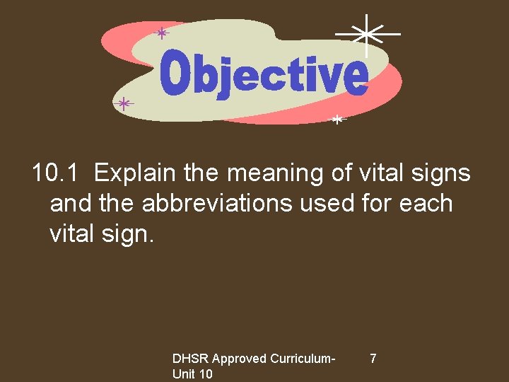 10. 1 Explain the meaning of vital signs and the abbreviations used for each