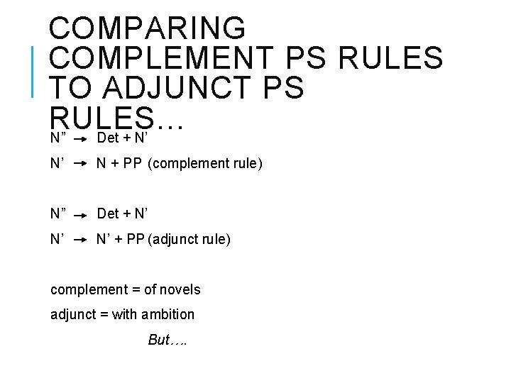 COMPARING COMPLEMENT PS RULES TO ADJUNCT PS RULES… N” Det + N’ N’ N