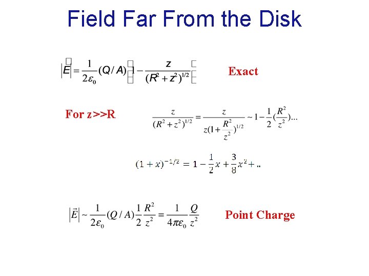Field Far From the Disk Exact For z>>R Point Charge 