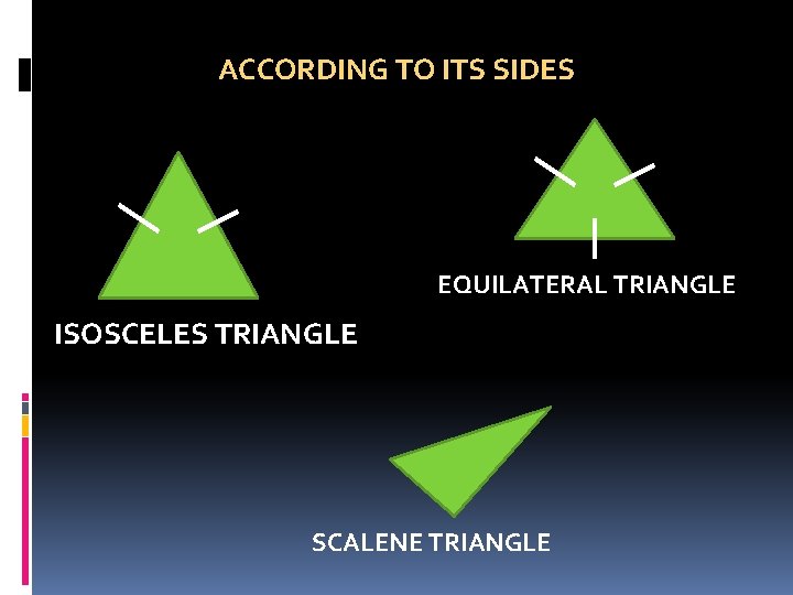 ACCORDING TO ITS SIDES EQUILATERAL TRIANGLE ISOSCELES TRIANGLE SCALENE TRIANGLE 