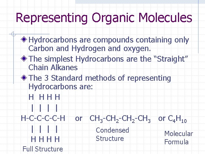 Representing Organic Molecules Hydrocarbons are compounds containing only Carbon and Hydrogen and oxygen. The