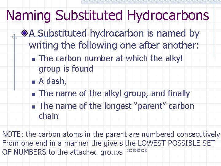 Naming Substituted Hydrocarbons A Substituted hydrocarbon is named by writing the following one after