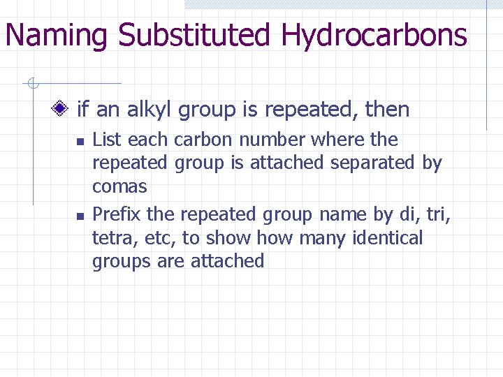 Naming Substituted Hydrocarbons if an alkyl group is repeated, then n n List each