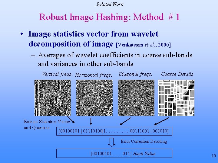 Related Work Robust Image Hashing: Method # 1 • Image statistics vector from wavelet Related Work Robust Image Hashing: Method # 1 • Image statistics vector from wavelet