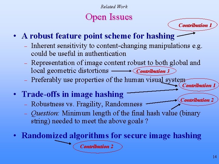 Related Work Open Issues Contribution 1 • A robust feature point scheme for hashing Related Work Open Issues Contribution 1 • A robust feature point scheme for hashing