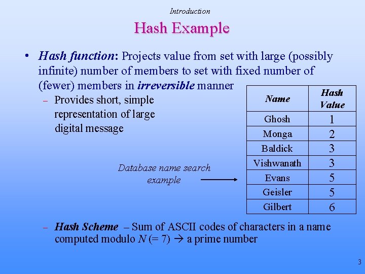 Introduction Hash Example • Hash function: Projects value from set with large (possibly infinite) Introduction Hash Example • Hash function: Projects value from set with large (possibly infinite)