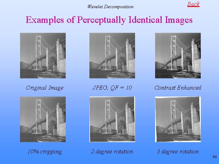 Wavelet Decomposition Back Examples of Perceptually Identical Images Original Image JPEG, QF = 10 Wavelet Decomposition Back Examples of Perceptually Identical Images Original Image JPEG, QF = 10