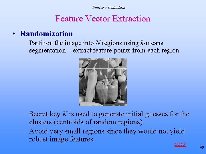 Feature Detection Feature Vector Extraction • Randomization – Partition the image into N regions Feature Detection Feature Vector Extraction • Randomization – Partition the image into N regions