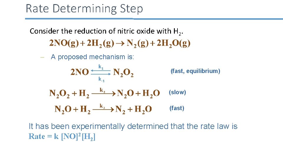 Rate Determining Step Consider the reduction of nitric oxide with H 2. – A