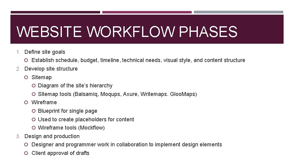 WEBSITE WORKFLOW PHASES 1. Define site goals Establish schedule, budget, timeline, technical needs, visual