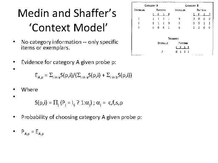Medin and Shaffer’s ‘Context Model’ • No category information -- only specific items or