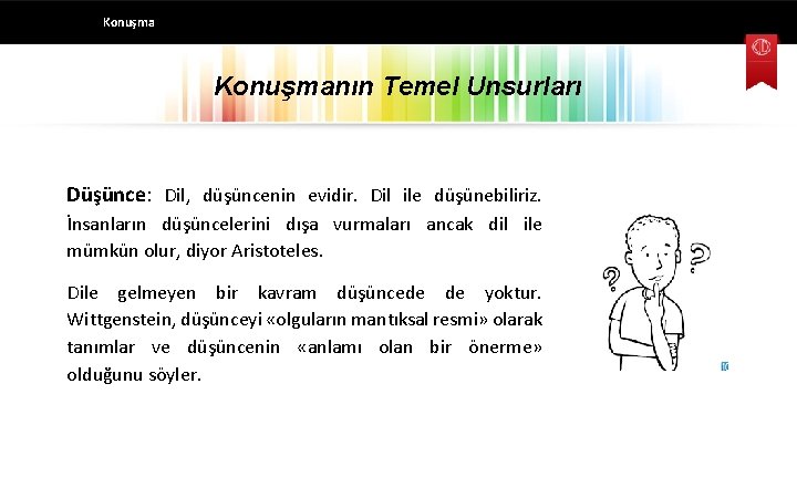 Konuşmanın Temel Unsurları Düşünce: Dil, düşüncenin evidir. Dil ile düşünebiliriz. İnsanların düşüncelerini dışa vurmaları