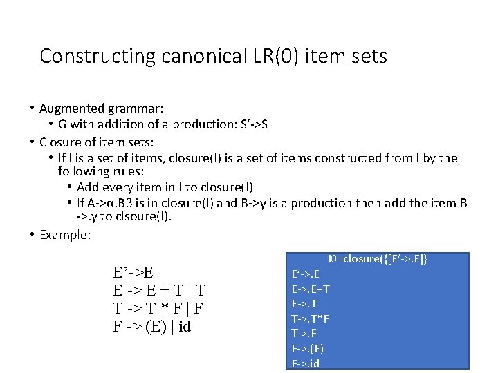 Constructing canonical LR(0) item sets • Augmented grammar: • G with addition of a