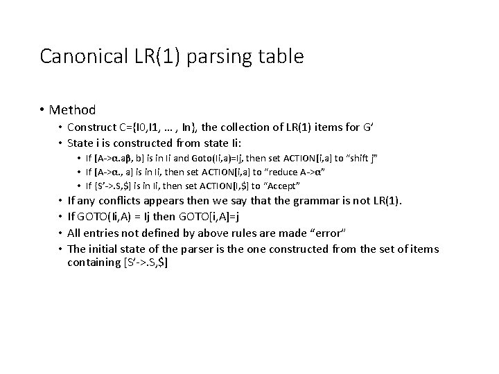 Canonical LR(1) parsing table • Method • Construct C={I 0, I 1, … ,