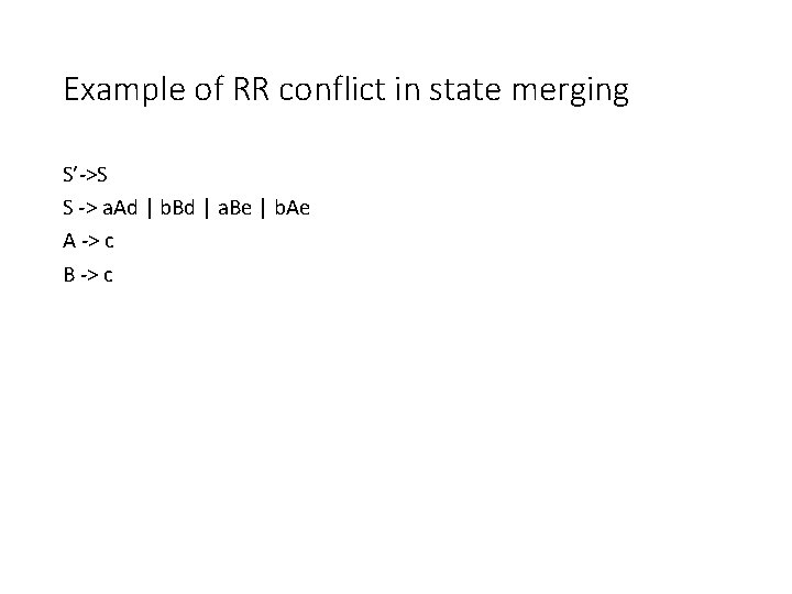 Example of RR conflict in state merging S’->S S -> a. Ad | b.