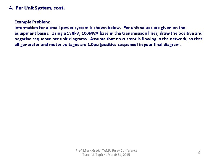 4. Per Unit System, cont. Example Problem: Information for a small power system is