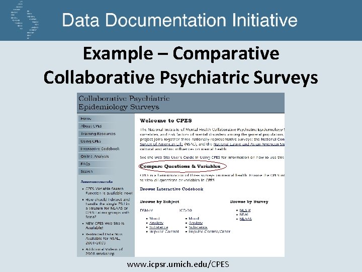 Example – Comparative Collaborative Psychiatric Surveys www. icpsr. umich. edu/CPES 