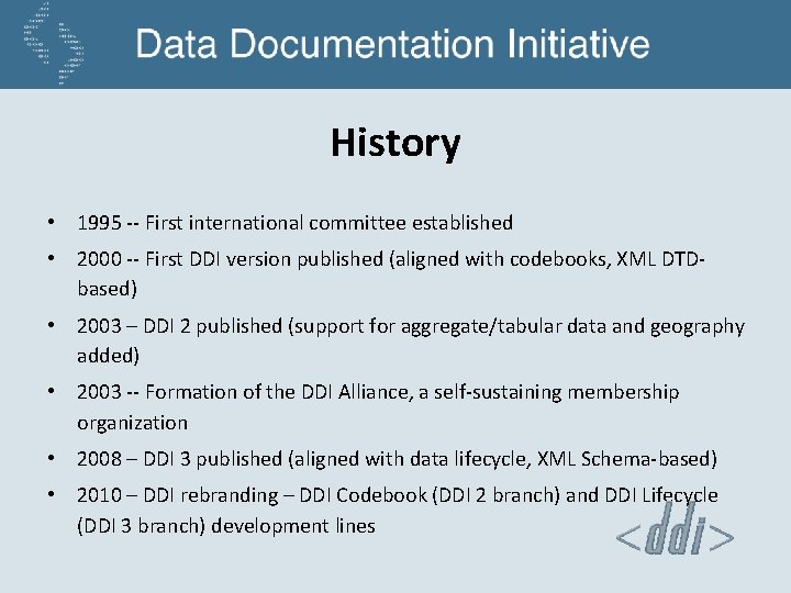 History • 1995 -- First international committee established • 2000 -- First DDI version