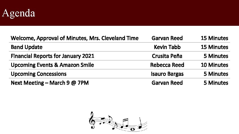 Agenda Welcome, Approval of Minutes, Mrs. Cleveland Time Band Update Financial Reports for January