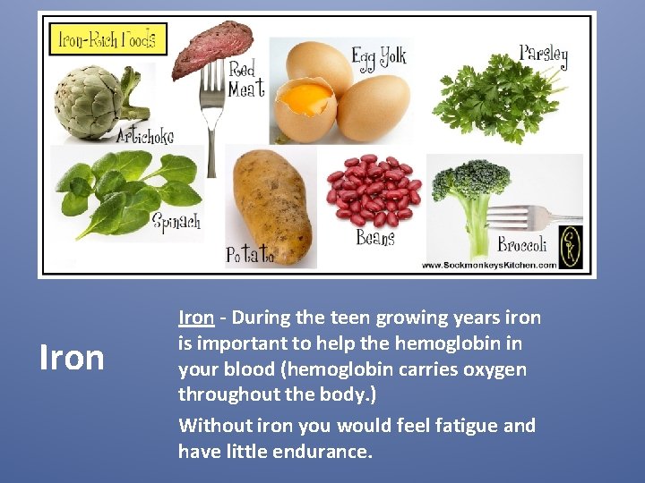 Iron - During the teen growing years iron is important to help the hemoglobin