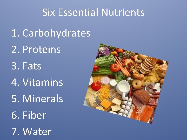 Six Essential Nutrients 1. Carbohydrates 2. Proteins 3. Fats 4. Vitamins 5. Minerals 6.