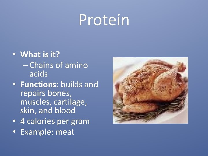 Protein • What is it? – Chains of amino acids • Functions: builds and