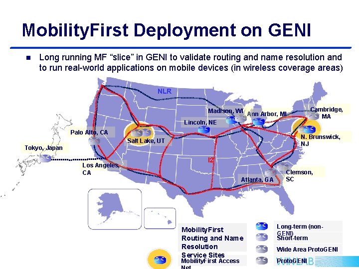 Mobility. First Deployment on GENI n Long running MF “slice” in GENI to validate