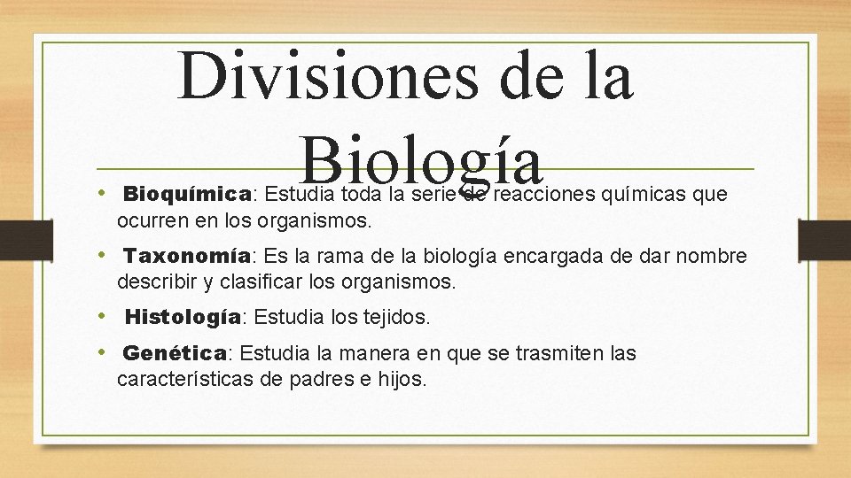 Divisiones de la Biología • Bioquímica: Estudia toda la serie de reacciones químicas que