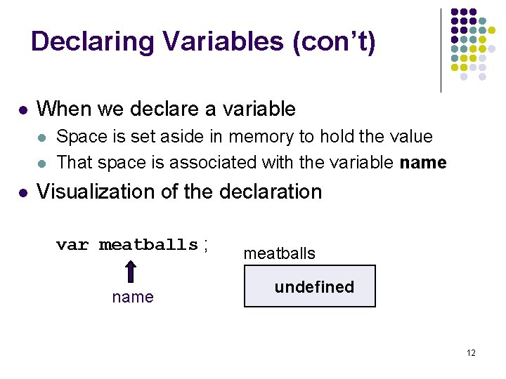 Declaring Variables (con’t) l When we declare a variable l l l Space is Declaring Variables (con’t) l When we declare a variable l l l Space is